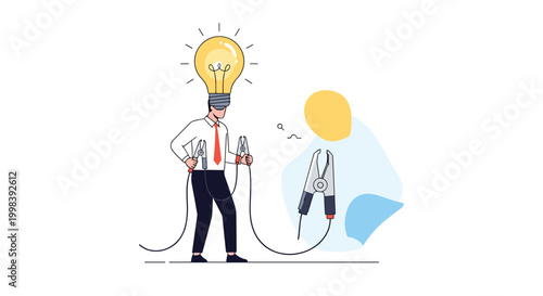 Creative professional with a giant light bulb for a head holding jumper cables to spark a new brilliant idea.