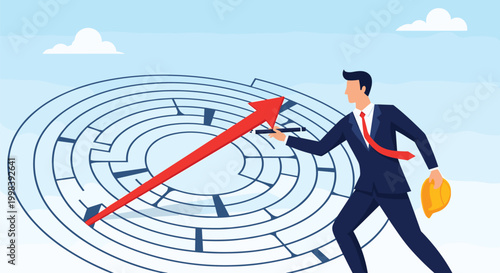 Smart professional drawing a red arrow through a complex circle maze to reach the center of his business goal.