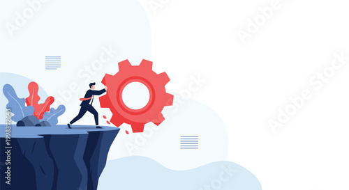 Determined businessman pushes a giant red mechanical gear off the edge of a cliff to symbolise radical change or process removal.