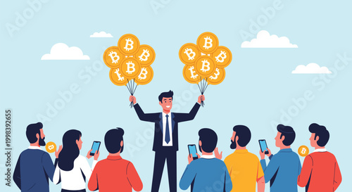 Successful entrepreneur holds bunches of golden bitcoin balloons while a crowd of people watches with interest and uses their smartphones.