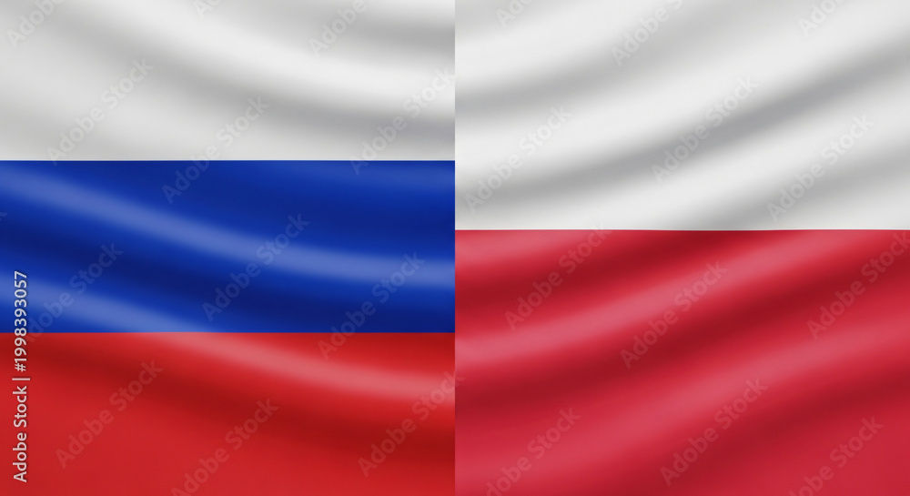 Obraz premium Split Screen Russia And Poland Flags Fabric Texture Diplomatic Theme JPG