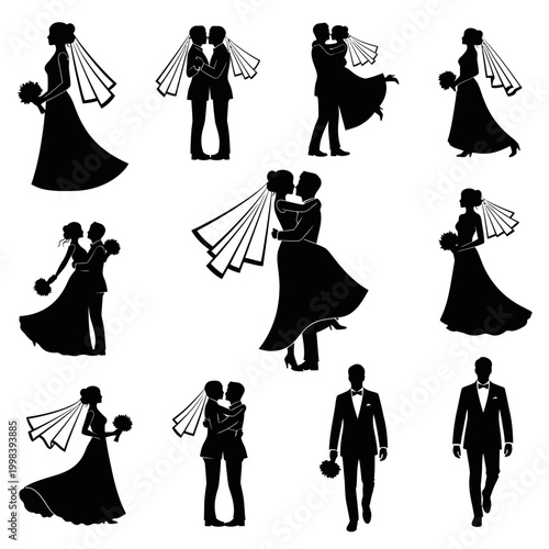Wedding Couple Silhouettes: Bride, Groom, Love, Celebration Icons