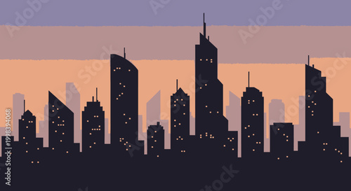 Dramatic city skyline silhouette with modern skyscrapers against a colorful sunset or dusk sky, depicting an urban landscape.
