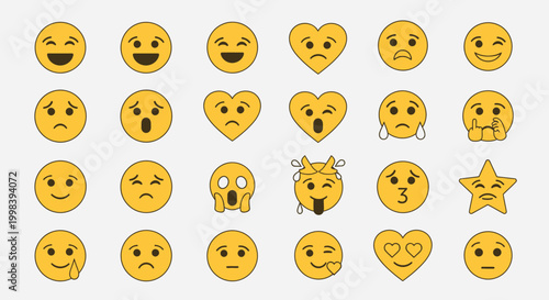 Comprehensive collection of yellow emoji faces and symbols expressing various emotions like happiness, sadness, surprise, love, and excitement on a light gray background.