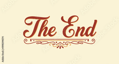 Ornate 'The End' text in a vintage script with decorative flourishes on a light cream isolated background, indicating a classic movie or story finale.
