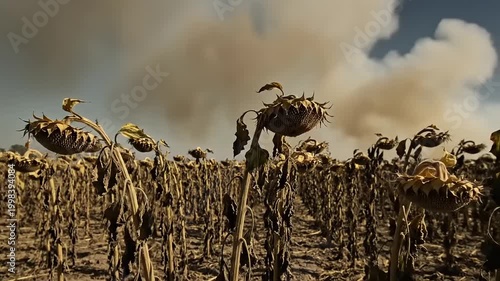 Withered sunflowers in a dry field.