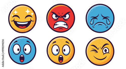Collection of Six Diverse Emoji Faces Expressing Various Emotions on Isolated Bright Background