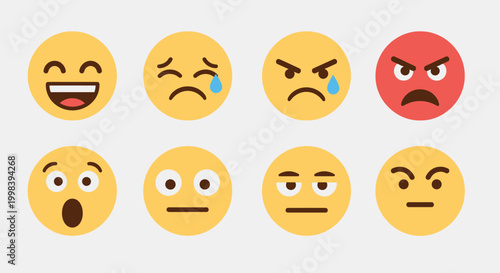 Collection of Eight Diverse Emoji Faces Expressing Varied Emotions on Isolated Bright Background
