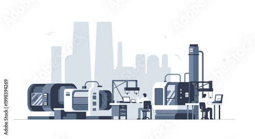 Industrial Factory Building with Modern Machinery and Smoke Stacks in Monochromatic Style