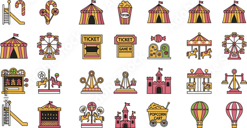 Amusement park cartoon icon set with circus tents rides ferris wheel carousel and carnival elements vector illustration