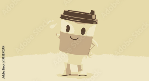 Happy Cartoon Coffee Cup Character Smiling and Holding Blank Sign on Warm Isolated Background