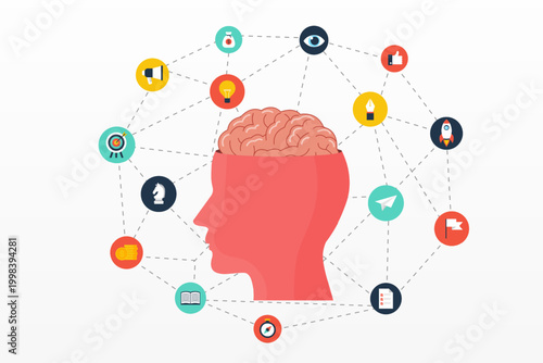 head brain creative idea strategy planning and icon background. business human brainstorm solution learning banner.vector illustration flat design.