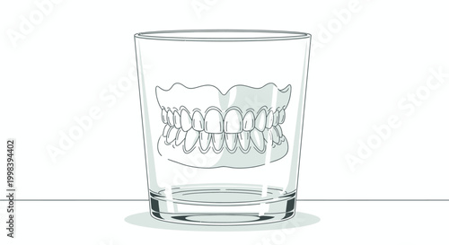 Full dentures soaking in a clear glass of water, dental hygiene concept, isolated white background.
