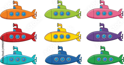 Colorful cartoon submarines set with different bright colors, underwater transport vehicles collection, cute marine vector illustration isolated on white background