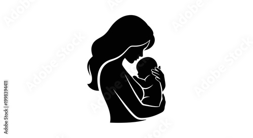 Loving mother embracing her newborn baby in silhouette, isolated white background.