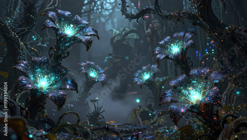 Bioluminescent Dark Fantasy Forest with Glowing Obsidian Flora
