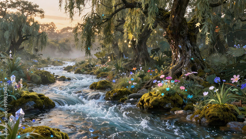 Magical Riverside Forest with Glowing Flora and Ancient Willow Trees