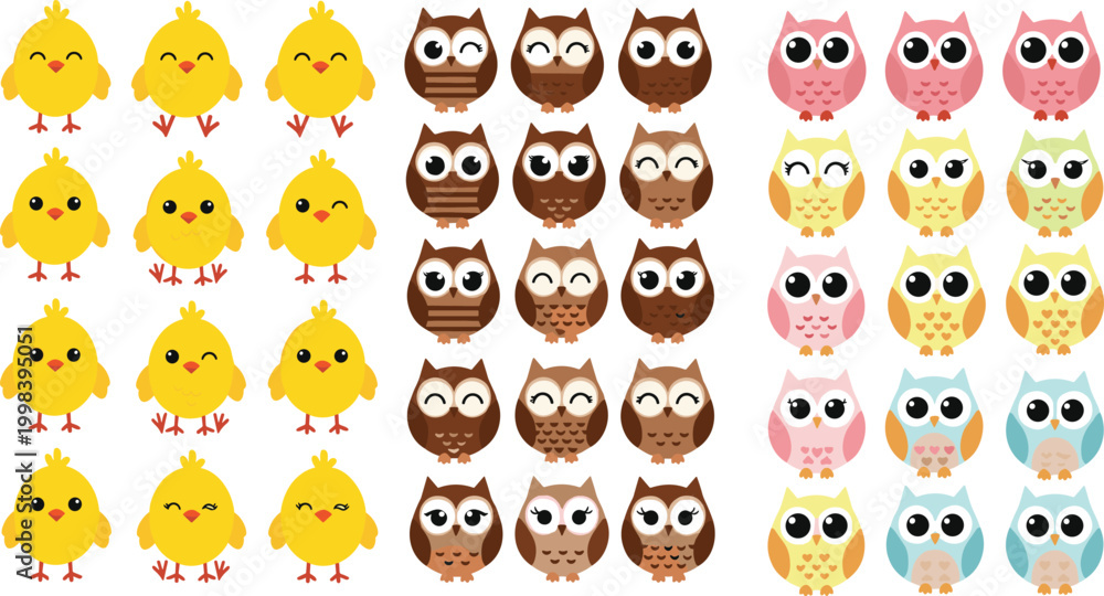 Fototapeta premium Cute cartoon birds collection with chicks and owls, adorable colorful bird characters set with different expressions vector illustration isolated on white background