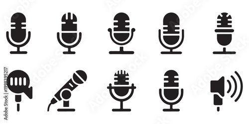 Collection of Microphone and Speaker Solid Icons for Audio Production and Communication