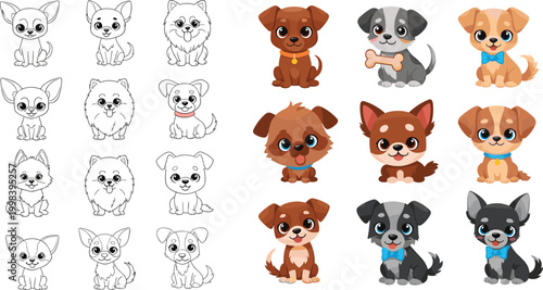 Cute cartoon dog characters set with different breeds and outline sketches, adorable puppy collection for kids coloring and design vector illustration isolated