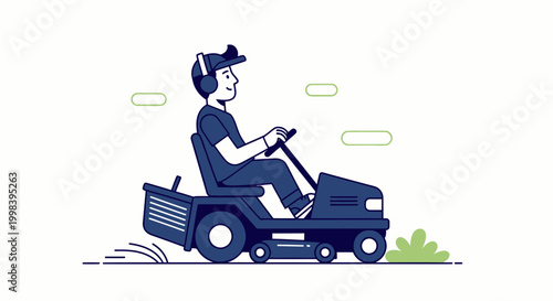 Man Riding Lawn Mower, Gardening, Yard Work, Summer Activity, Flat Design