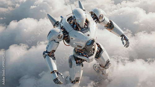 Futuristic Advanced Robot Flying Above Fluffy Clouds