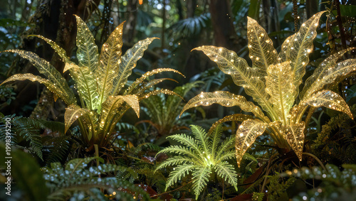 Ethereal Bioluminescent Tropical Plants with Golden Glowing Veins