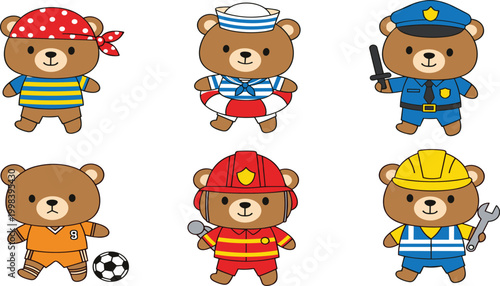Cute Teddy Bear Characters Collection Featuring Pirate, Sailor, Police Officer, Athlete, Firefighter, and Builder in Cartoon Flat Vector Style for Kids Design.