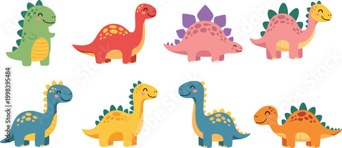 Cute dinosaur cartoon set with colorful kawaii dino characters and friendly prehistoric animals vector illustration