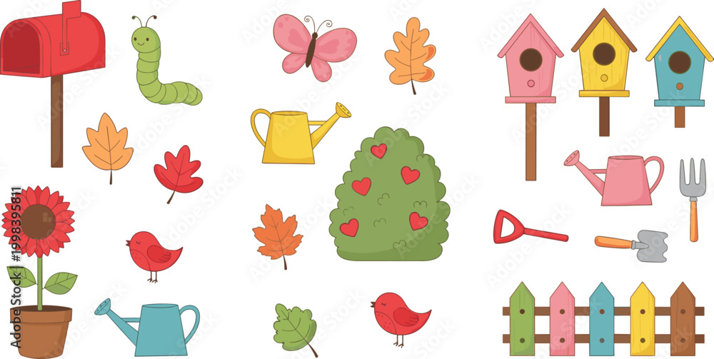 Fototapeta premium Cute garden elements cartoon set with mailbox plants birds tools and backyard objects vector illustration