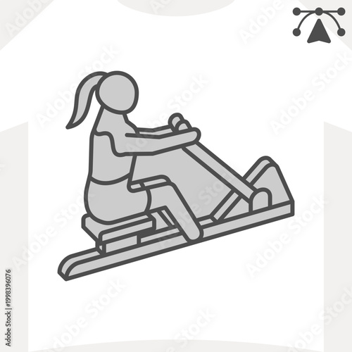 Rowing machine with woman isometric icon, cardio, rowing exercises concept. Vector graphics. Indoor rowing equipment, athlete sign editable stroke, outline style icon for mobile or web design.