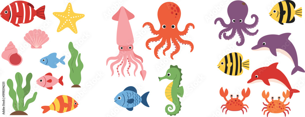 Obraz premium Cute ocean animals and sea elements collection with fish, octopus, squid, dolphin and seahorse, colorful marine cartoon vector illustration isolated on white background