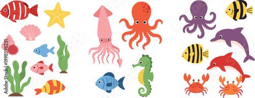 Photography Cute ocean animals and sea elements collection with fish, octopus, squid, dolphi