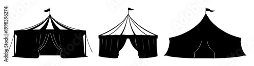 Circus tent set with bold black silhouette against clean white background featuring circus, carnival, entertainment with silhouette and landscape