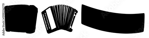 Accordion set with a single black silhouette against a white background featuring musical instrument, accordion, open instrument with minimal line art and black and white