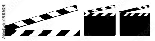 Movie clapperboard set with black silhouette on white background featuring clapboard, film, cinema with silhouette and black and white