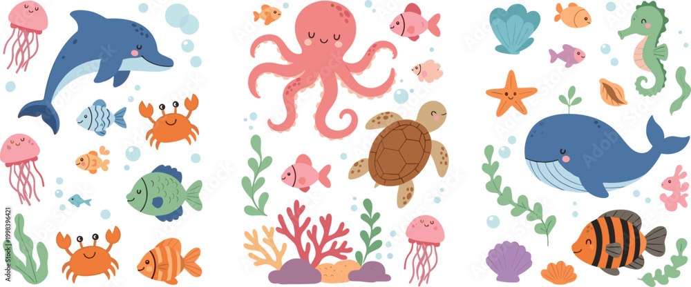 Naklejka premium Cute ocean animals collection with dolphin, whale, octopus, turtle, fish and jellyfish, colorful marine life cartoon vector illustration isolated on white background