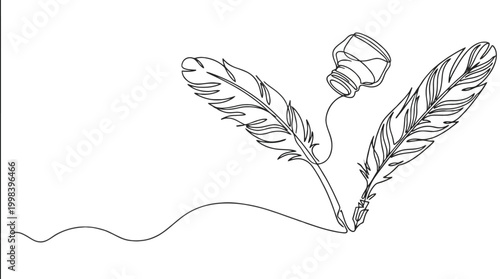  Abstract antique ink pen for writing and a bottle of ink, continuous single one line art hand drawing sketch,one line drawing of an ink bottle and quill pen