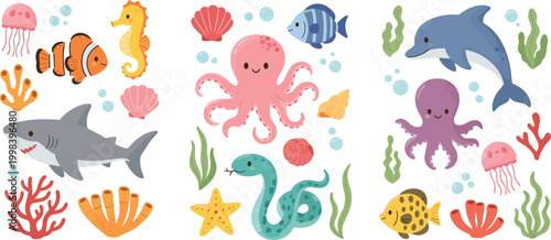 Cute ocean animals set with octopus, dolphin, shark, fish, jellyfish and seahorse, colorful underwater marine life cartoon vector illustration isolated on white
