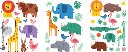 Cute safari animals cartoon set with lion giraffe elephant rhino hippo flamingo vector illustration