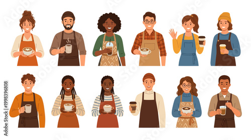 Diverse Baristas Holding Coffee Cups, Flat Vector Illustration