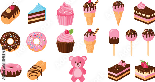 Cute sweets and desserts collection with donuts, cupcakes, ice cream, cakes and candy, colorful cartoon bakery treats vector illustration isolated on white background