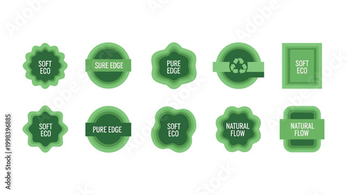 Eco-Friendly Emblems: A collection of vibrant green emblems symbolizes sustainability and environmental consciousness, promoting concepts such as 'Soft Eco', 'Sure Edge', 'Pure Edge'.