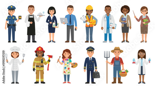 Flat Cartoon Vector Characters Representing Diverse Professions and Occupations Set