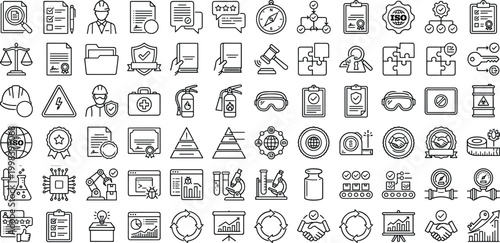 Professional quality assurance and certification line art icon collection featuring audit, compliance, safety, and standards symbols in editable stroke vector style.