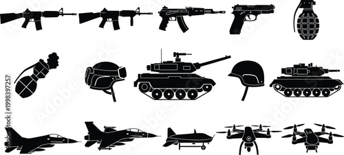 Military weapons silhouette collection isolated on transparent background