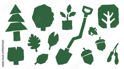 Collection of green nature icons and symbols including trees plants leaves acorns and a shovel representing gardening and environmental themes