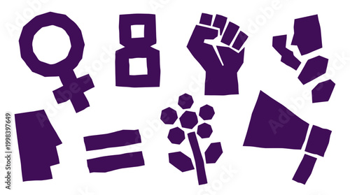 Feminist symbols and icons representing women's rights empowerment and equality movement with purple color palette