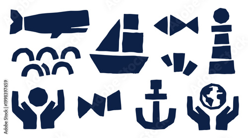 Nautical and environmental icons set navy blue on white background whale sailboat fish lighthouse waves anchor globe hands earth care conservation concept