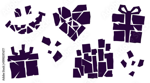 Abstract geometric shapes forming gift boxes and heart on white background, festive design elements, creative celebration symbols